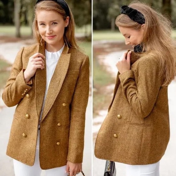 J. Crew Jackets & Blazers - J. Crew Double-Breasted Blazer in Gold‎ Herringbone English Wool